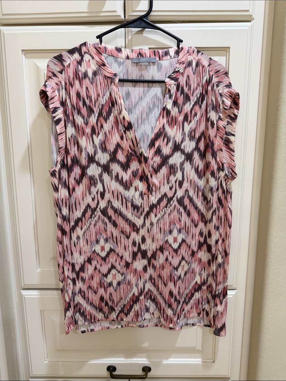 Tart Pink and Cream Ikat Print Sleeveless V-Neck Blouse